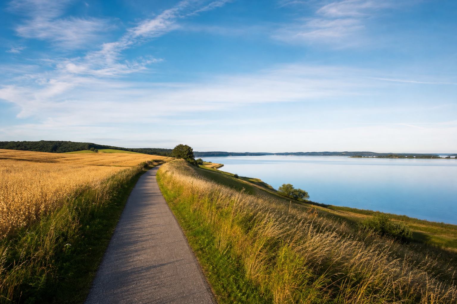 Radweg zwischen Sommerfeldern und blauem See im Mecklenburger Hügelland