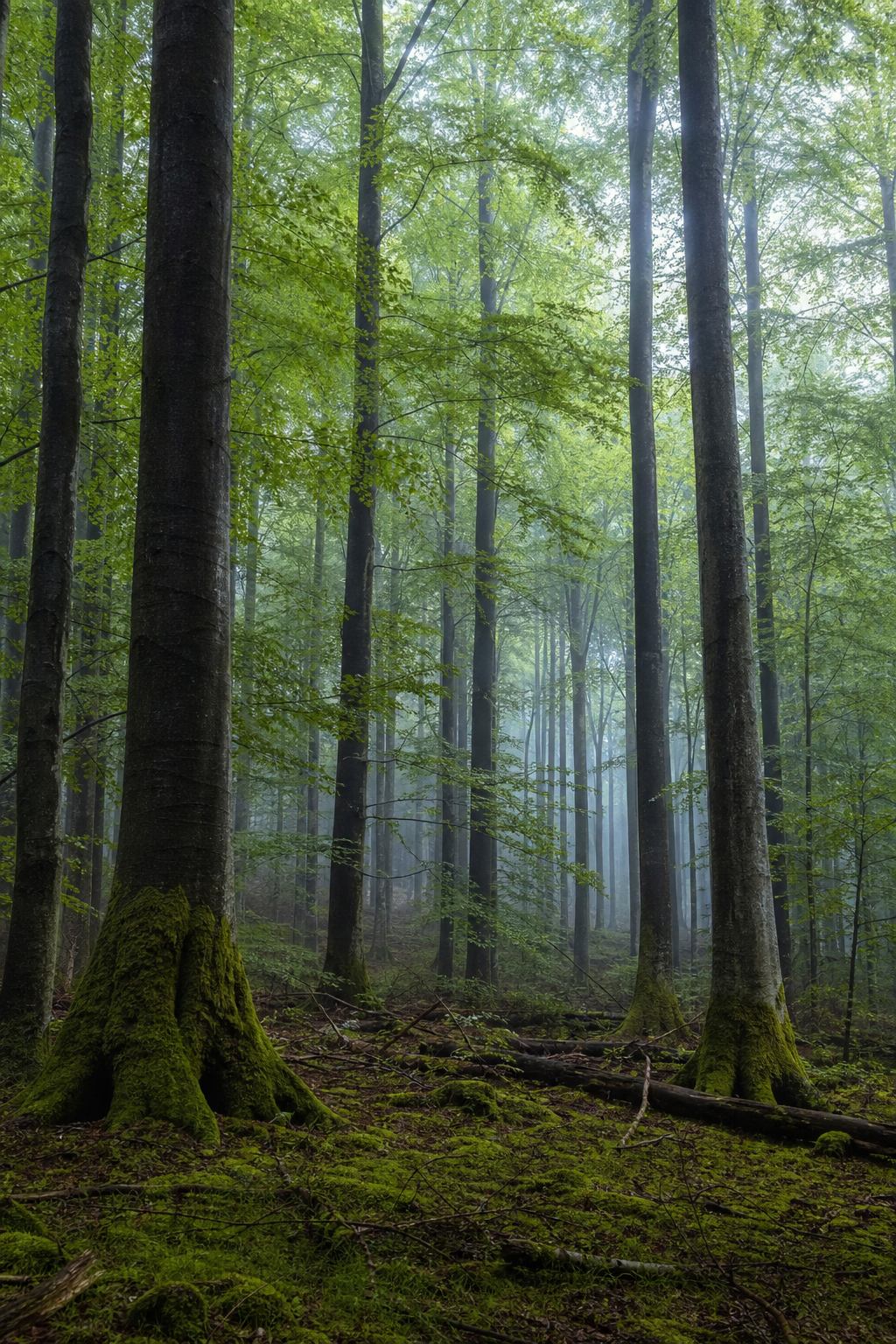 Hohe Buchenstämme mit gefiltertem Licht im Wald von Serrahn