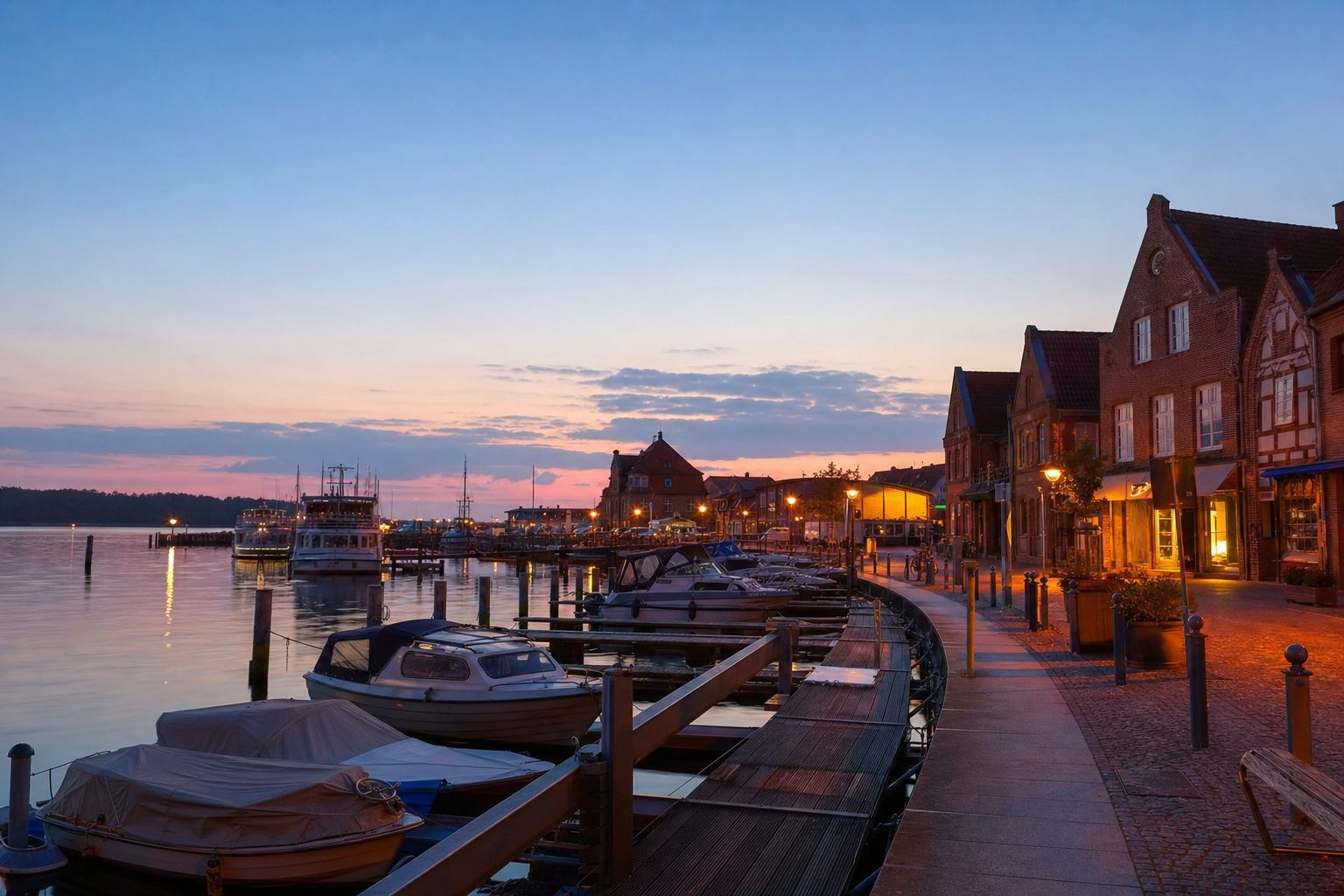 Abendliche Hafenpromenade in Waren an der Müritz mit Booten und Ziegelhäusern